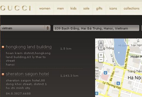 Website của Gucci quốc tế xác nhận có 2 cửa hàng chính hãng tại Việt Nam. Ảnh chụp màn hình.